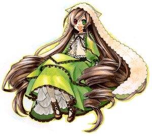 Rating: Safe Score: 0 Tags: 1girl :d brown_hair dress drill_hair frills full_body green_dress green_eyes head_scarf heterochromia image long_hair long_sleeves open_mouth red_eyes smile solo suiseiseki twin_drills very_long_hair white_background User: admin