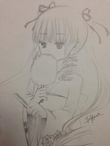 Rating: Safe Score: 0 Tags: 1girl bangs dated drill_hair eyebrows_visible_through_hair flower graphite_(medium) hair_ribbon holding holding_flower image long_hair monochrome photo ribbon shinku signature solo traditional_media twin_drills twintails upper_body User: admin