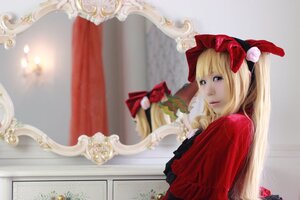 Rating: Safe Score: 0 Tags: 1girl blonde_hair blue_eyes bow curtains dress flower lips long_hair looking_at_viewer realistic red_dress shinku solo User: admin