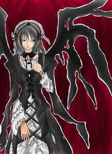 Rating: Safe Score: 0 Tags: 1girl black_dress black_hair black_ribbon black_wings cross-laced_clothes dress flower frilled_sleeves frills hairband image long_hair long_sleeves looking_at_viewer solo suigintou wings User: admin
