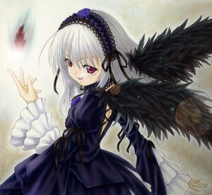 Rating: Safe Score: 3 Tags: 1girl black_wings dress feathers frilled_sleeves frills hairband image long_sleeves looking_at_viewer looking_back pink_eyes silver_hair solo suigintou wings User: admin