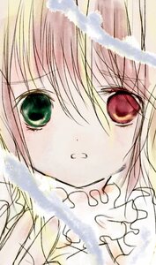 Rating: Safe Score: 0 Tags: 1girl bangs blonde_hair blush close-up costume_switch eyebrows_visible_through_hair green_eyes image looking_at_viewer parted_lips red_eyes solo steam User: admin