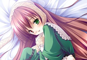 Rating: Safe Score: 0 Tags: 1girl auto_tagged bed bed_sheet blush brown_hair dress frills green_dress green_eyes heterochromia image long_hair long_sleeves looking_at_viewer lying red_eyes solo suiseiseki very_long_hair User: admin