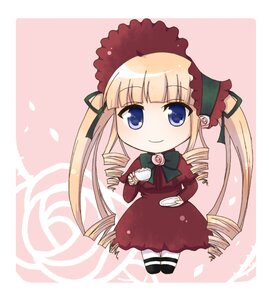 Rating: Safe Score: 0 Tags: 1girl blonde_hair blue_eyes bonnet bow chibi cup dress drill_hair flower image long_hair long_sleeves looking_at_viewer red_dress ringlets rose shinku smile solo twin_drills User: admin