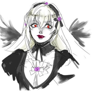 Rating: Safe Score: 0 Tags: 1girl angel angel_wings black_wings choker feathered_wings feathers flower hair_between_eyes hairband image long_hair looking_at_viewer red_eyes simple_background sketch solo suigintou upper_body white_background white_wings wings User: admin