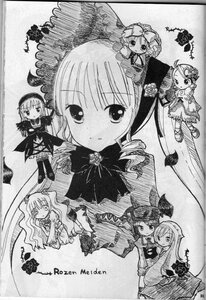 Rating: Safe Score: 0 Tags: bow dress drill_hair greyscale hat image long_hair long_sleeves looking_at_viewer monochrome multiple multiple_girls rose shinku smile suigintou tagme very_long_hair wings User: admin