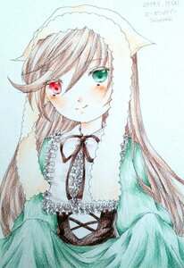 Rating: Safe Score: 0 Tags: 1girl black_ribbon blush brown_hair closed_mouth dress frills green_dress hat heterochromia image long_hair long_sleeves looking_at_viewer marker_(medium) neck_ribbon red_eyes ribbon simple_background smile solo suiseiseki traditional_media watercolor_(medium) User: admin