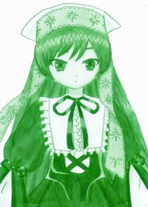 Rating: Safe Score: 0 Tags: 1girl dress frills green_dress green_eyes green_hair green_theme head_scarf image long_hair long_sleeves looking_at_viewer monochrome ribbon simple_background solo suiseiseki very_long_hair white_background User: admin