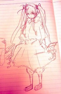 Rating: Safe Score: 0 Tags: 1girl bow bowtie dress frills full_body hatsune_miku image long_hair looking_at_viewer monochrome pink_theme shinku sketch solo standing twintails very_long_hair User: admin