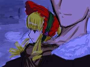 Rating: Safe Score: 0 Tags: 1boy 1girl blonde_hair bonnet dress drill_hair head_out_of_frame image long_sleeves shinku solo twin_drills upper_body User: admin