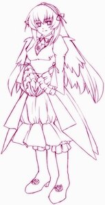 Rating: Safe Score: 0 Tags: 1girl dress feathered_wings flower full_body hairband image long_hair long_sleeves monochrome solo suigintou wings User: admin