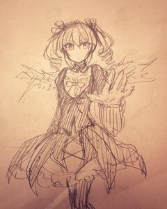 Rating: Safe Score: 0 Tags: 1girl choker dress image long_hair long_sleeves looking_at_viewer monochrome sketch solo standing suigintou traditional_media twin_drills twintails wings User: admin