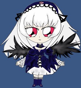 Rating: Safe Score: 0 Tags: 1girl black_wings blue_background chibi dress feathers frills full_body hairband image long_hair long_sleeves looking_at_viewer red_eyes ribbon rose simple_background solo standing suigintou wings User: admin