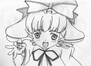 Rating: Safe Score: 0 Tags: 1girl greyscale hair_ribbon hinaichigo image kagiyama_hina long_hair looking_at_viewer monochrome open_mouth ribbon smile solo traditional_media User: admin