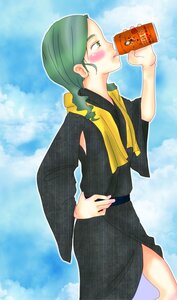 Rating: Safe Score: 0 Tags: 1girl beer blue_sky can cloud day from_side green_eyes green_hair hand_on_hip image japanese_clothes kanaria kimono profile sky solo User: admin
