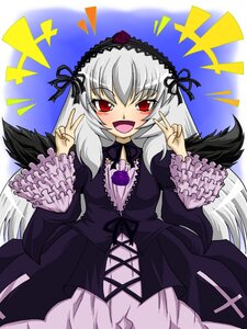 Rating: Safe Score: 0 Tags: 1girl :d black_dress black_ribbon black_wings blush double_v dress flower frilled_sleeves frills hairband image lolita_hairband long_hair long_sleeves looking_at_viewer open_mouth red_eyes ribbon rose silver_hair smile solo suigintou v wings User: admin