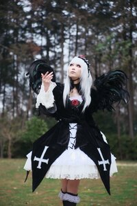 Rating: Safe Score: 0 Tags: 1girl black_dress blurry blurry_background depth_of_field dress flower frills gothic_lolita lolita_fashion long_hair long_sleeves outdoors rose solo standing suigintou white_hair User: admin