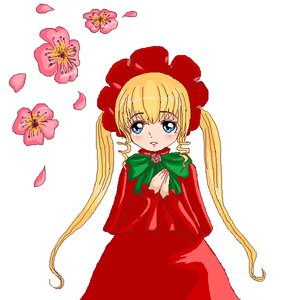 Rating: Safe Score: 0 Tags: 1girl bangs blonde_hair blue_eyes blush bonnet bow bowtie capelet dress eyebrows_visible_through_hair flower hands_together image long_hair long_sleeves looking_at_viewer own_hands_together petals red_capelet shinku simple_background solo striped twintails upper_body white_background User: admin