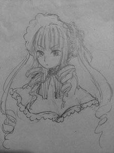 Rating: Safe Score: 0 Tags: 1girl dress frills greyscale image long_hair long_sleeves monochrome photo shinku simple_background sketch solo traditional_media upper_body User: admin