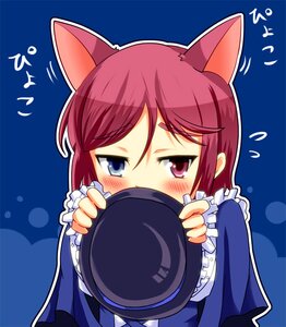 Rating: Safe Score: 0 Tags: 1girl animal_ears blue_background blush cat_ears covering_mouth flying_sweatdrops frills hat hat_removed headwear_removed holding holding_clothes holding_hat image long_sleeves solo souseiseki User: admin