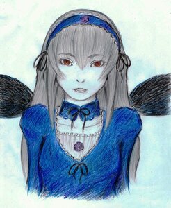 Rating: Safe Score: 0 Tags: 1girl black_wings dress feathers frills hairband image long_hair long_sleeves looking_at_viewer red_eyes ribbon rose solo suigintou traditional_media upper_body wings User: admin