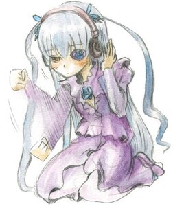 Rating: Safe Score: 0 Tags: 1girl barasuishou blue_eyes brooch dress full_body hair_ribbon headphones heterochromia image long_hair long_sleeves looking_at_viewer purple_dress ribbon silver_hair simple_background sitting solo twintails very_long_hair white_background User: admin