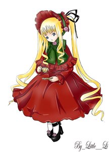Rating: Safe Score: 0 Tags: 1girl black_footwear blonde_hair blue_eyes bonnet bow bowtie cup dress flower full_body green_bow image long_hair long_sleeves looking_at_viewer pink_rose red_dress rose saucer shinku shoes sidelocks simple_background sitting solo teacup twintails very_long_hair white_background User: admin