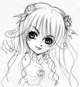Rating: Safe Score: 0 Tags: 1girl barasuishou collared_shirt flower greyscale hair_flower hair_ornament image long_hair looking_at_viewer monochrome ribbon simple_background sketch smile solo traditional_media upper_body white_background User: admin