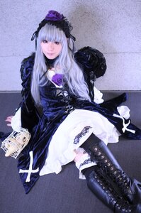 Rating: Safe Score: 0 Tags: 1girl boots dress frills gothic_lolita lips lolita_fashion long_hair looking_at_viewer silver_hair sitting solo suigintou User: admin