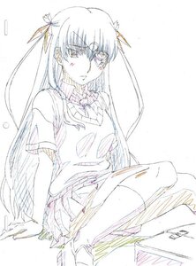 Rating: Safe Score: 0 Tags: 1girl barasuishou graphite_(medium) image long_hair looking_at_viewer pleated_skirt shirt sitting skirt solo traditional_media User: admin