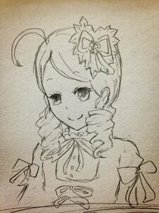 Rating: Safe Score: 0 Tags: 1girl ahoge antenna_hair bow drill_hair flower graphite_(medium) hair_ornament image kanaria looking_at_viewer monochrome neck_ribbon photo ribbon smile solo traditional_media upper_body User: admin