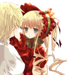 Rating: Safe Score: 0 Tags: 1girl blonde_hair blue_eyes bonnet bow bowtie dress flower frills green_neckwear image long_hair long_sleeves red_dress rose shinku simple_background solo twintails white_background User: admin