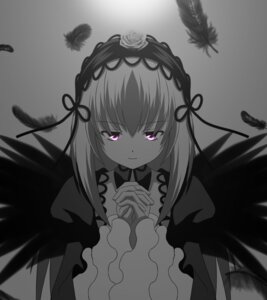 Rating: Safe Score: 0 Tags: 1girl black_feathers black_wings closed_mouth dress feathered_wings feathers flower grey_background hairband image juliet_sleeves lolita_hairband long_hair long_sleeves looking_at_viewer monochrome own_hands_together ribbon rose solo suigintou wings User: admin