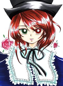Rating: Safe Score: 0 Tags: 1girl flower green_eyes hat heterochromia image looking_at_viewer pink_rose red_eyes red_flower red_hair red_rose ribbon rose short_hair solo souseiseki traditional_media white_background User: admin