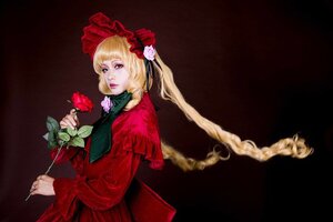 Rating: Safe Score: 0 Tags: 1girl blonde_hair dress flower holding holding_flower lips long_hair long_sleeves looking_at_viewer red_dress red_flower rose shinku simple_background solo User: admin