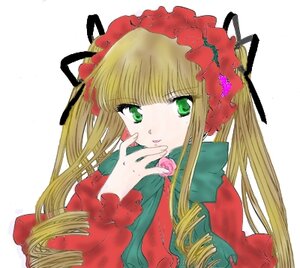 Rating: Safe Score: 0 Tags: 1girl bangs blonde_hair bow dress drill_hair flower frills green_eyes image long_hair long_sleeves looking_at_viewer shinku simple_background solo twintails upper_body white_background User: admin