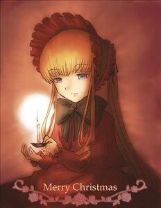 Rating: Safe Score: 0 Tags: 1girl blonde_hair blue_eyes bonnet bow dress flower image long_hair long_sleeves looking_at_viewer rose shinku simple_background solo upper_body User: admin