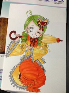 Rating: Safe Score: 0 Tags: 1girl ahoge dress flower full_body green_hair hair_ornament image kanaria long_sleeves looking_at_viewer one_eye_closed open_mouth photo shikishi smile solo traditional_media umbrella wide_sleeves User: admin