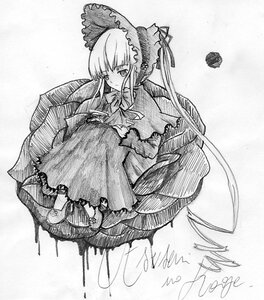 Rating: Safe Score: 0 Tags: 1girl blush bonnet bow dated dress frills greyscale image long_hair long_sleeves looking_at_viewer monochrome shinku simple_background solo traditional_media very_long_hair User: admin