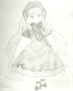 Rating: Safe Score: 0 Tags: 1girl bangs bow bowtie dress full_body image long_hair long_sleeves looking_at_viewer monochrome shinku smile solo standing very_long_hair User: admin