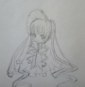 Rating: Safe Score: 0 Tags: 1girl dress frills greyscale image long_hair long_sleeves looking_at_viewer monochrome shinku simple_background solo traditional_media twintails very_long_hair User: admin