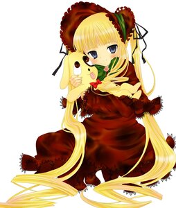 Rating: Safe Score: 0 Tags: 1girl blonde_hair blue_eyes blush bonnet bow dress green_bow holding image long_hair looking_at_viewer red_dress shinku simple_background smile solo twintails very_long_hair white_background User: admin