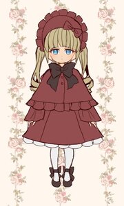 Rating: Safe Score: 0 Tags: 1girl blonde_hair blue_eyes blush bonnet bow bowtie dress flower full_body image long_hair long_sleeves looking_at_viewer pantyhose rose shinku shoes solo standing striped white_legwear User: admin