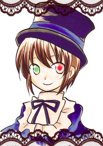 Rating: Safe Score: 0 Tags: 1girl brown_hair green_eyes hat heterochromia image long_sleeves looking_at_viewer red_eyes ribbon short_hair simple_background smile solo souseiseki top_hat upper_body white_background User: admin