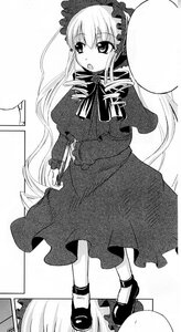 Rating: Safe Score: 0 Tags: 1girl blush capelet dress greyscale image long_hair long_sleeves looking_at_viewer monochrome open_mouth shinku shoes solo standing very_long_hair User: admin