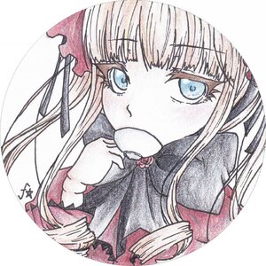 Rating: Safe Score: 0 Tags: 1girl bangs blue_eyes blunt_bangs bow eyebrows_visible_through_hair flower hair_ornament holding image long_hair long_sleeves looking_at_viewer ribbon rose shinku simple_background solo traditional_media twintails upper_body white_background User: admin