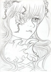 Rating: Safe Score: 0 Tags: 1girl closed_mouth flower greyscale image kirakishou long_hair looking_at_viewer monochrome rose sketch solo traditional_media User: admin