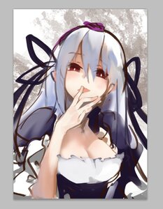 Rating: Safe Score: 0 Tags: 1girl border breasts cleavage dress frills hair_ribbon hand_to_own_mouth image large_breasts long_hair looking_at_viewer puffy_sleeves red_eyes ribbon silver_hair solo suigintou upper_body User: admin