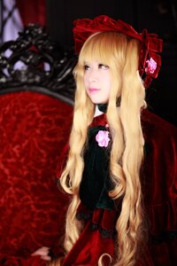 Rating: Safe Score: 0 Tags: 1girl blonde_hair blue_eyes dress flower lips long_hair red_dress rose shinku sitting solo User: admin