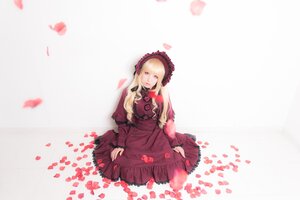 Rating: Safe Score: 0 Tags: 1girl blonde_hair blue_eyes bonnet dress flower long_hair long_sleeves looking_at_viewer petals red_dress rose_petals shinku solo User: admin